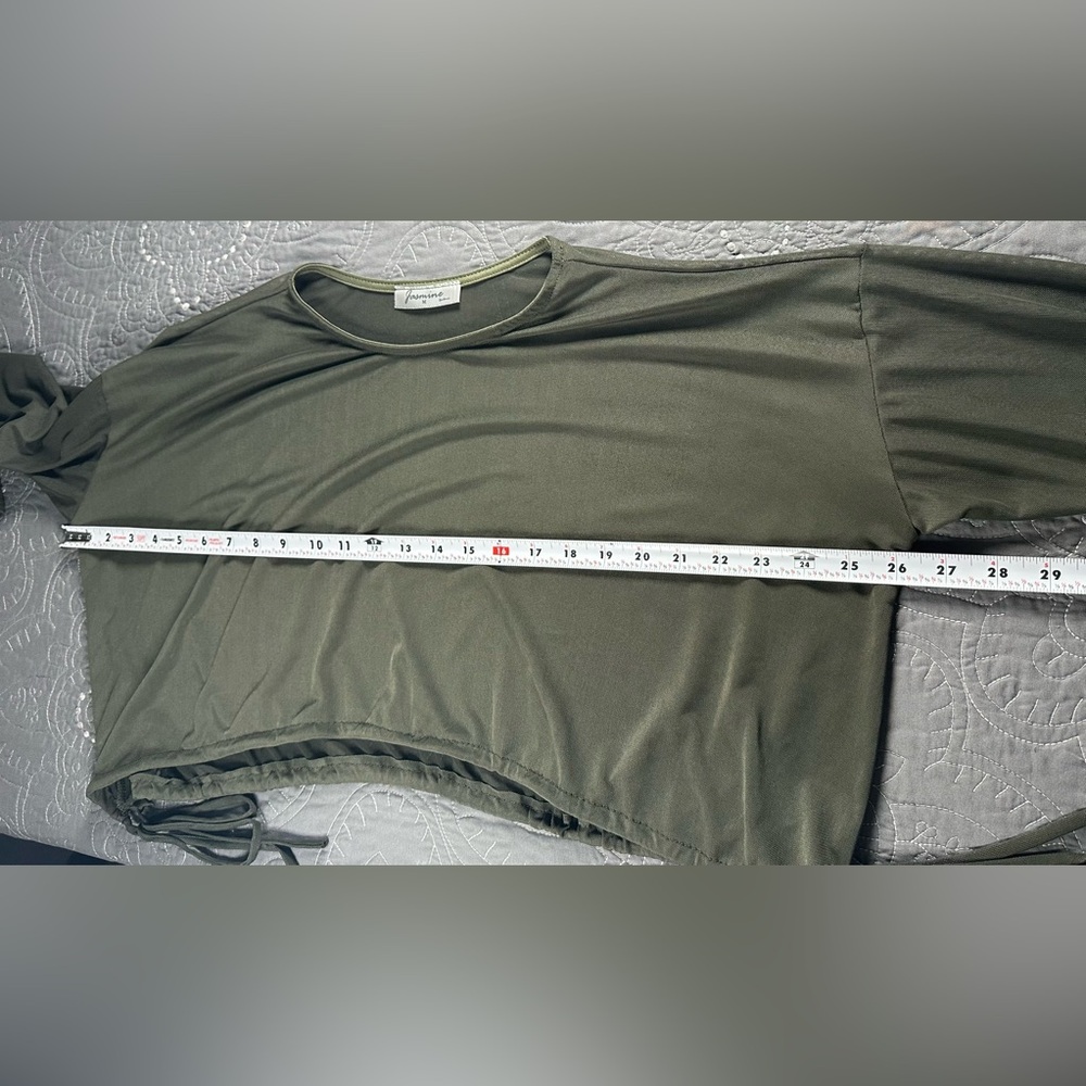 Jasmine Olive Green Sheer Mesh Long Sleeve Tie Crop Top Size Medium - Picture 8 of 9